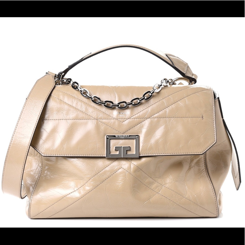 Givenchy creased patent calfskin medium ID flap in beige.